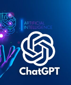 ChatGTP logo and robotic hand on blue background